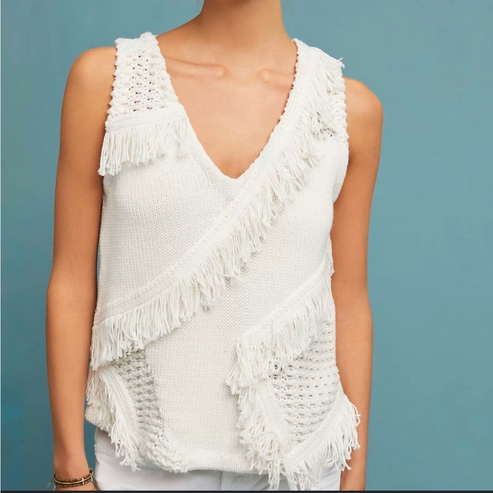 Anthropologie Postmark Pacific Fringed Cotton Silk Sweater Top
